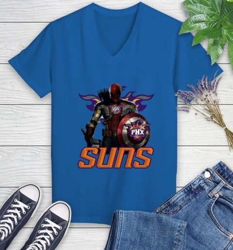 Phoenix Suns NBA Basketball Captain America Thor Spider Man Hawkeye Avengers Women's V-Neck T-Shirt 10