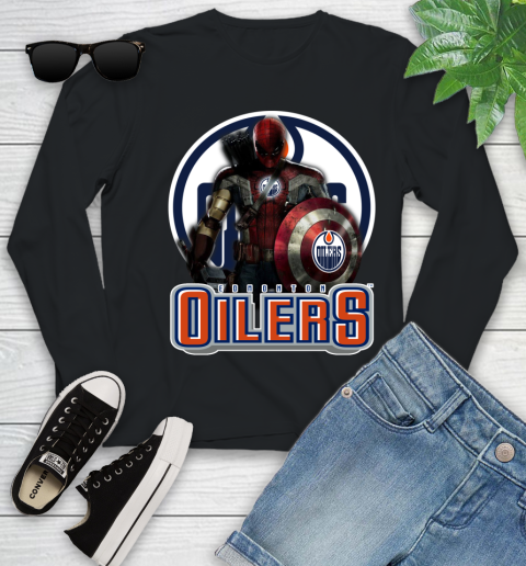 NHL Captain America Thor Spider Man Hawkeye Avengers Endgame Hockey Edmonton Oilers Youth Long Sleeve 2