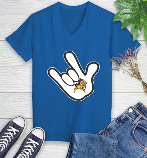 Minnesota Vikings NFL Football Mickey Rock Hand Disney Women's V-Neck T-Shirt 10