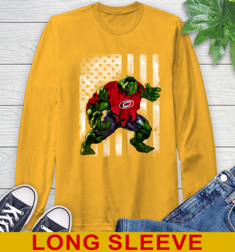 Carolina Hurricanes Hulk Marvel Avengers NHL Hockey American Flag Long Sleeve T-Shirt 2