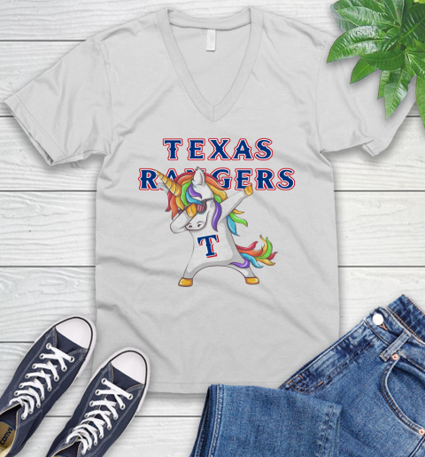 Texas Rangers MLB Baseball Funny Unicorn Dabbing Sports V-Neck T-Shirt