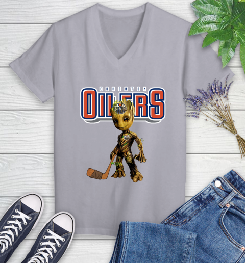 Edmonton Oilers NHL Hockey Groot Marvel Guardians Of The Galaxy Women's V-Neck T-Shirt 4