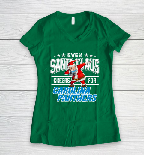 Carolina Panthers Even Santa Claus Cheers For Christmas NFL Women's V-Neck T-Shirt 3