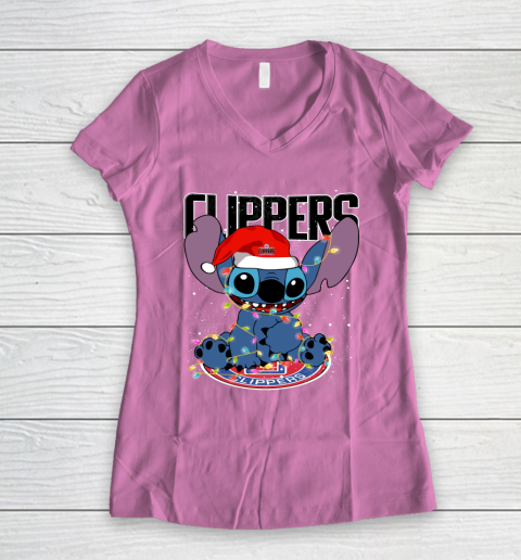 LA Clippers NBA noel stitch Basketball Christmas Women's V-Neck T-Shirt 8