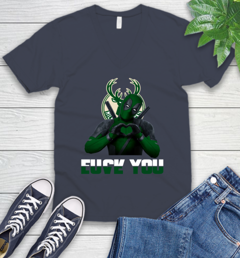 NBA Milwaukee Bucks Deadpool Love You Fuck You Basketball Sports V-Neck T-Shirt 8