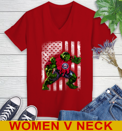 Minnesota Twins Hulk Marvel Avengers MLB Baseball American Flag Women's V-Neck T-Shirt 10