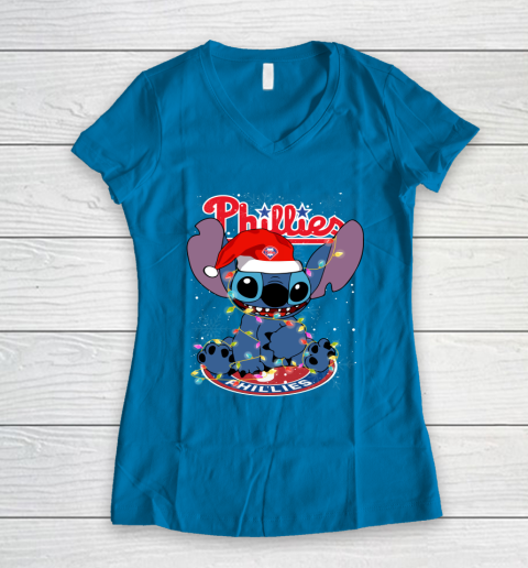 Philadelphia Phillies MLB noel stitch Baseball Christmas Women's V-Neck T-Shirt - Image 5