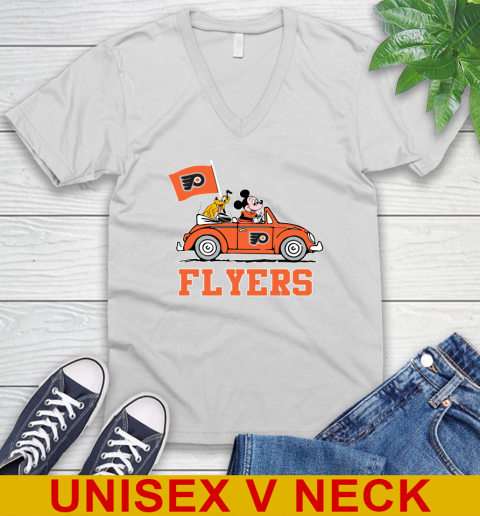 NHL Hockey Philadelphia Flyers Pluto Mickey Driving Disney Shirt V-Neck T-Shirt