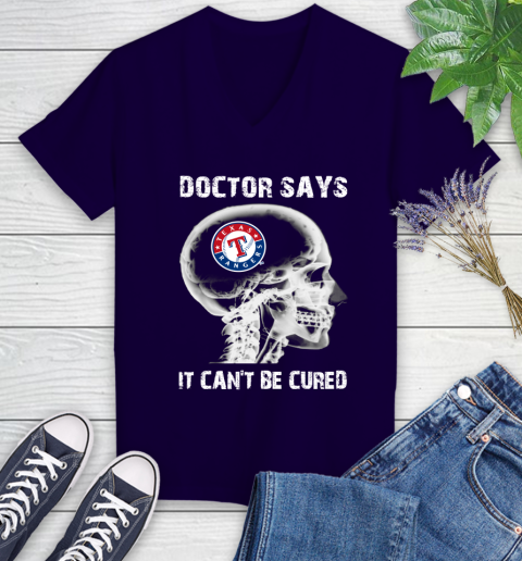 MLB Texas Rangers Baseball Skull It Can't Be Cured Shirt Women's V-Neck T-Shirt 3