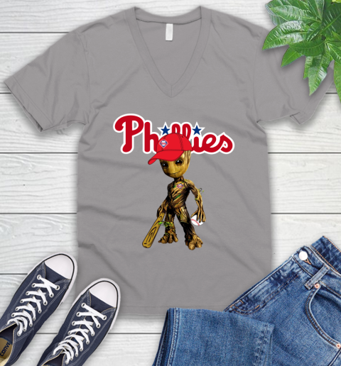 MLB Philadelphia Phillies Groot Guardians Of The Galaxy Baseball V-Neck T-Shirt 4