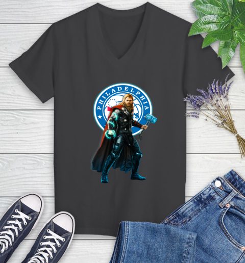 NBA Thor Avengers Endgame Basketball Philadelphia 76ers Women's V-Neck T-Shirt 8