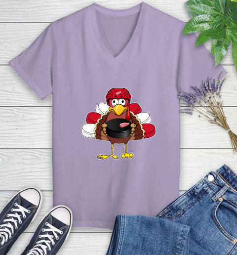 Detroit Red Wings Turkey Thanksgiving Day Women's V-Neck T-Shirt 14