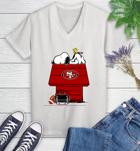 San Francisco 49ers NFL Football Snoopy Woodstock The Peanuts Movie Women's V-Neck T-Shirt