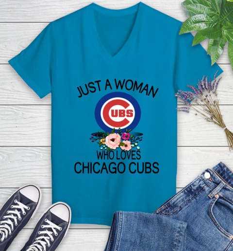MLB Just A Woman Who Loves Chicago Cubs Baseball Sports Women's V-Neck T-Shirt 4