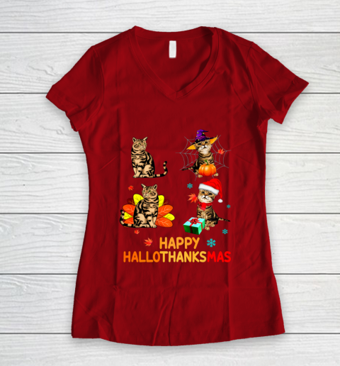 Cat Halloween Thanksgiving Christmas Happy Hallothanksmas Women's V-Neck T-Shirt 8
