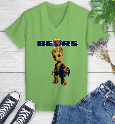 Chicago Bears NFL Football Groot Marvel Guardians Of The Galaxy Women's V-Neck T-Shirt 11
