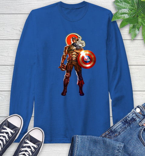 NFL Captain America Marvel Avengers Endgame Football Sports Cleveland Browns Long Sleeve T-Shirt 9