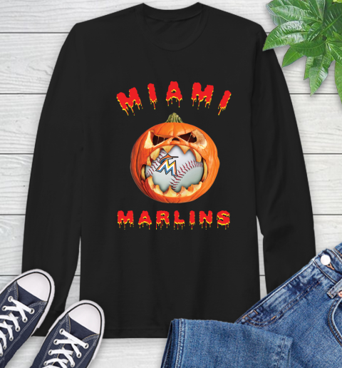 MLB Miami Marlins Halloween Pumpkin Baseball Sports Long Sleeve T-Shirt 2