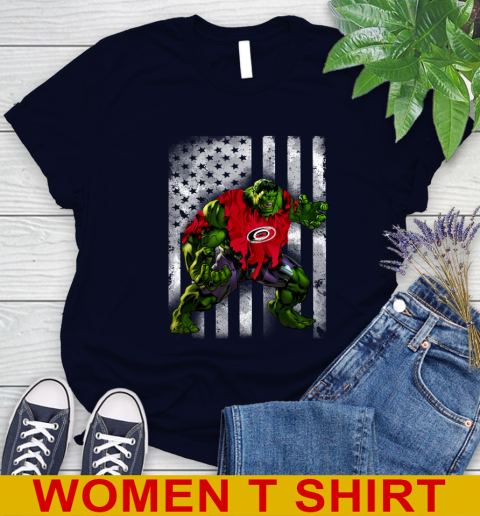 Carolina Hurricanes Hulk Marvel Avengers NHL Hockey American Flag Women's T-Shirt 2