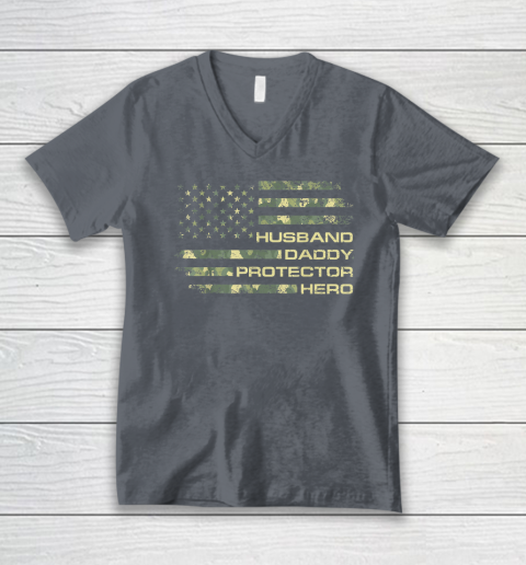 Husband Daddy Protector Hero Shirt Fathers Day American Flag V-Neck T-Shirt 3
