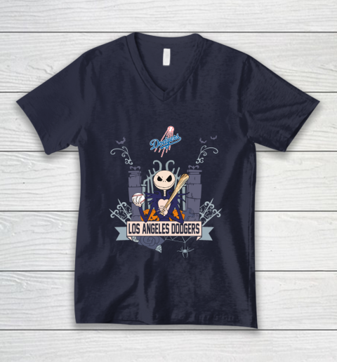 MLB Los Angeles Dodgers Baseball Jack Skellington Halloween V-Neck T-Shirt 2