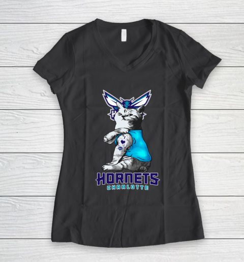 NBA Basketball My Cat Loves Charlotte Hornets Women's V-Neck T-Shirt 6