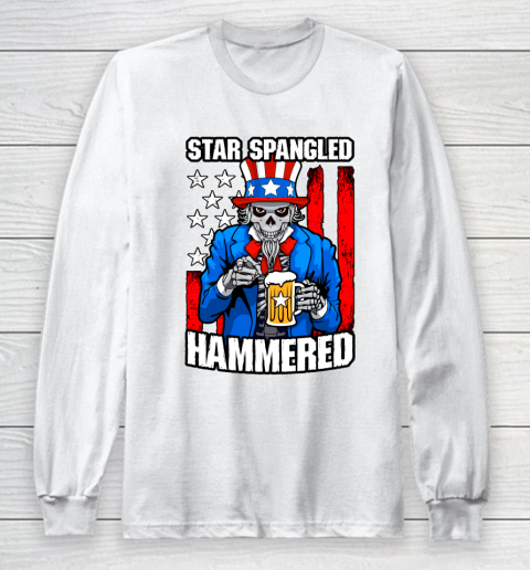 Beer Lover Funny Shirt Star Spangled Hammered 4th Of July Uncle Sam Skull USA Flag Long Sleeve T-Shirt