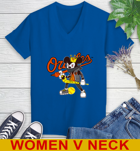 Baltimore Orioles MLB Baseball Mickey Peace Sign Sports Women's V-Neck T-Shirt 11