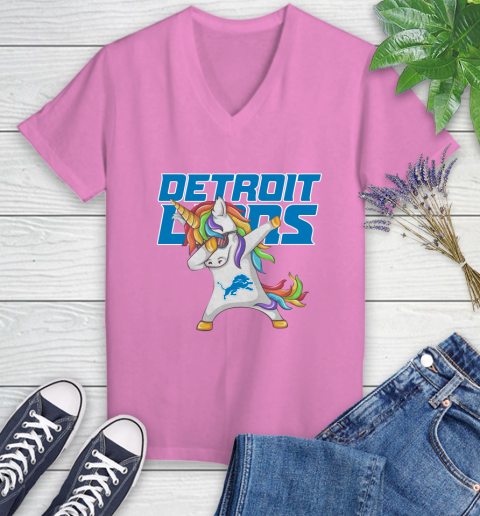 Detroit Lions NFL Football Funny Unicorn Dabbing Sports Women's V-Neck T-Shirt 14