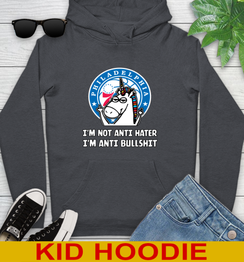 Philadelphia 76ers NBA Basketball Unicorn I'm Not Anti Hater I'm Anti Bullshit Youth Hoodie - Image 10