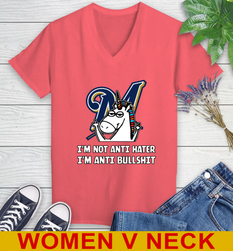 Milwaukee Brewers MLB Baseball Unicorn I'm Not Anti Hater I'm Anti Bullshit Women's V-Neck T-Shirt 7