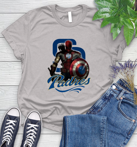 MLB Captain America Thor Spider Man Hawkeye Avengers Endgame Baseball San Diego Padres Women's T-Shirt 10