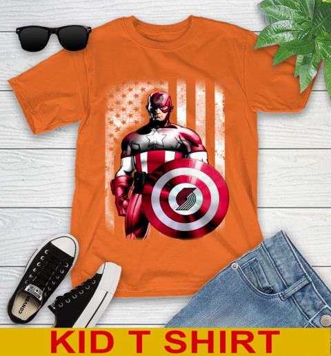 Portland Trail Blazers NBA Basketball Captain America Marvel Avengers American Flag Shirt Youth T-Shirt 8
