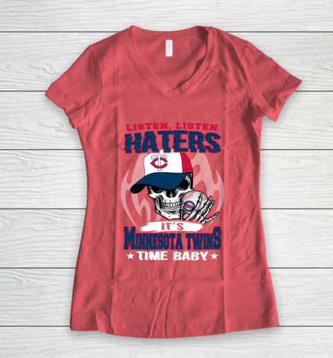 Listen Haters It is TWINS Time Baby MLB Women's V-Neck T-Shirt 4