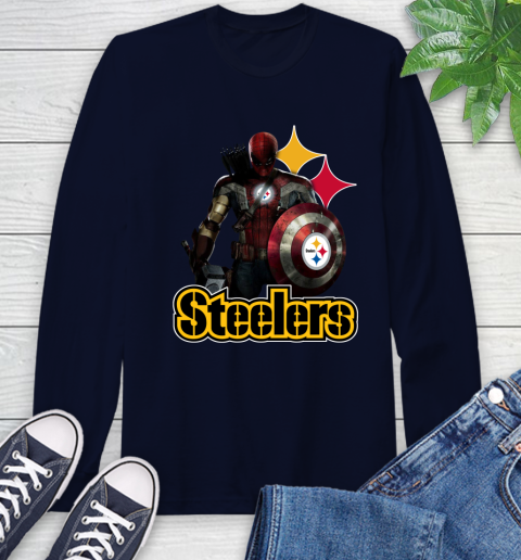 NFL Captain America Thor Spider Man Hawkeye Avengers Endgame Football Pittsburgh Steelers Long Sleeve T-Shirt 4