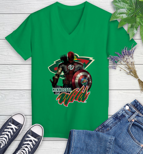 NHL Captain America Thor Spider Man Hawkeye Avengers Endgame Hockey Minnesota Wild Women's V-Neck T-Shirt 5