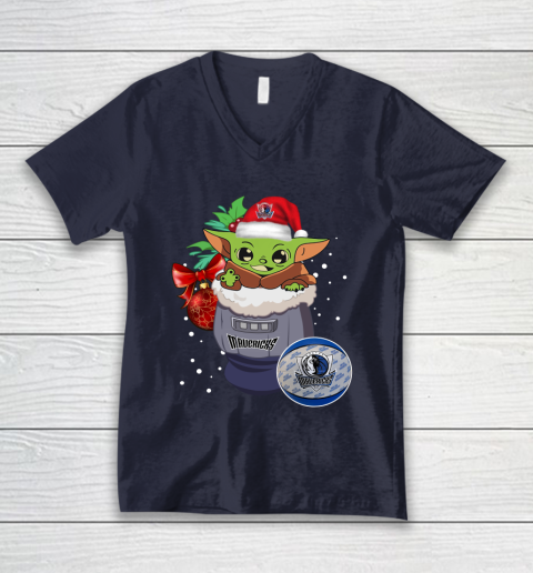 Dallas Mavericks Christmas Baby Yoda Star Wars Funny Happy NBA V-Neck T-Shirt 3