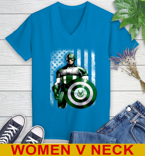 Milwaukee Bucks NBA Basketball Captain America Marvel Avengers American Flag Shirt Women's V-Neck T-Shirt 7