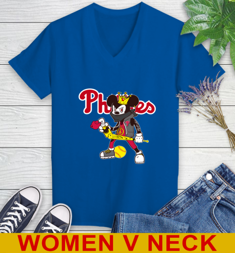Philadelphia Phillies MLB Baseball Mickey Peace Sign Sports Women's V-Neck T-Shirt 11