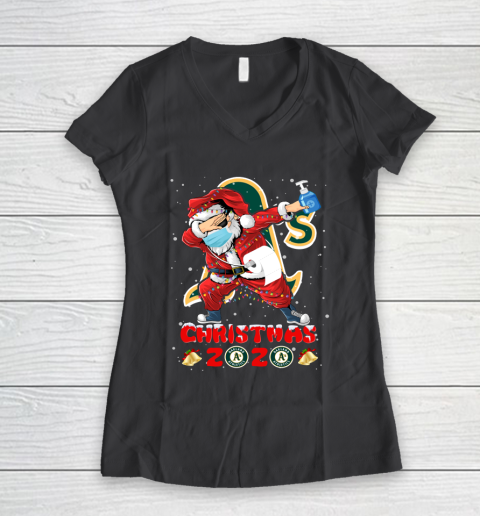 Oakland Athletics Funny Santa Claus Dabbing Christmas 2020 MLB Women's V-Neck T-Shirt 6