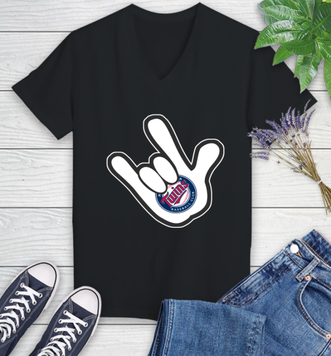 Minnesota Twins MLB Baseball Mickey Rock Hand Disney Women's V-Neck T-Shirt 2
