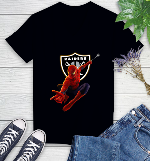 NFL Spider Man Avengers Endgame Football Oakland Raiders Women's V-Neck T-Shirt 2