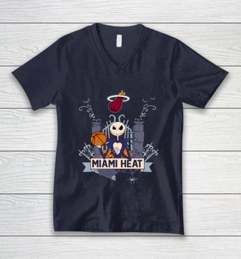NBA Miami Heat Basketball Jack Skellington Halloween V-Neck T-Shirt 2