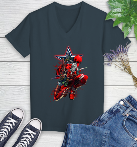 NFL Deadpool Marvel Comics Sports Football Dallas Cowboys Women's V-Neck T-Shirt 8