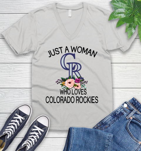 MLB Just A Woman Who Loves Colorado Rockies Baseball Sports V-Neck T-Shirt