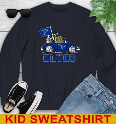 NHL Hockey St.Louis Blues Darth Vader Baby Yoda Driving Star Wars Shirt Youth Sweatshirt 3