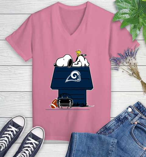 Los Angeles Rams NFL Football Snoopy Woodstock The Peanuts Movie Women's V-Neck T-Shirt 13
