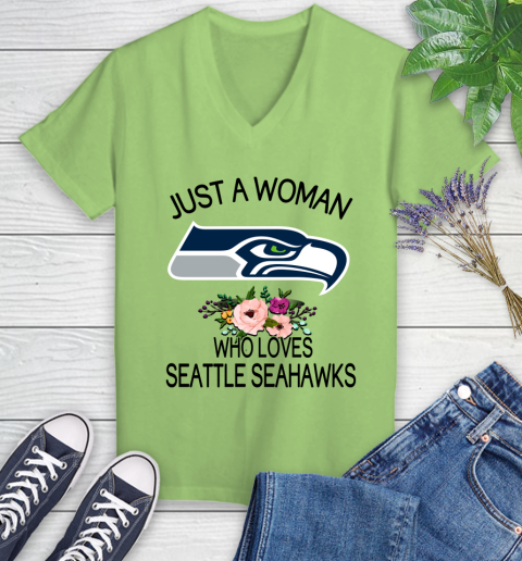 NFL Just A Woman Who Loves Seattle Seahawks Football Sports Women's V-Neck T-Shirt 6