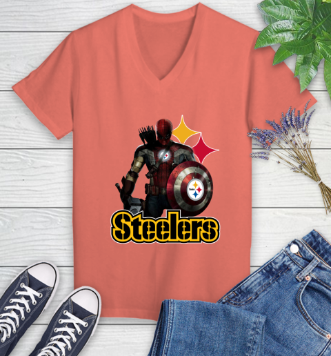 NFL Captain America Thor Spider Man Hawkeye Avengers Endgame Football Pittsburgh Steelers Women's V-Neck T-Shirt 6