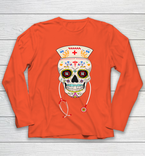 Nurse Sugar Skull Shirt Halloween Day Of The Dead Dia De Los Youth Long Sleeve 3